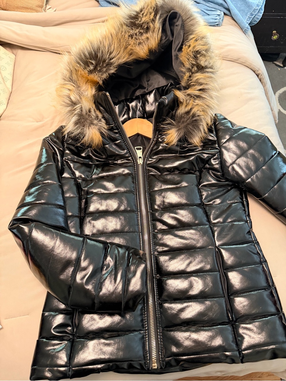 Women’s Black Faux Leather Puffer Jacket with Fur-Trim Hood